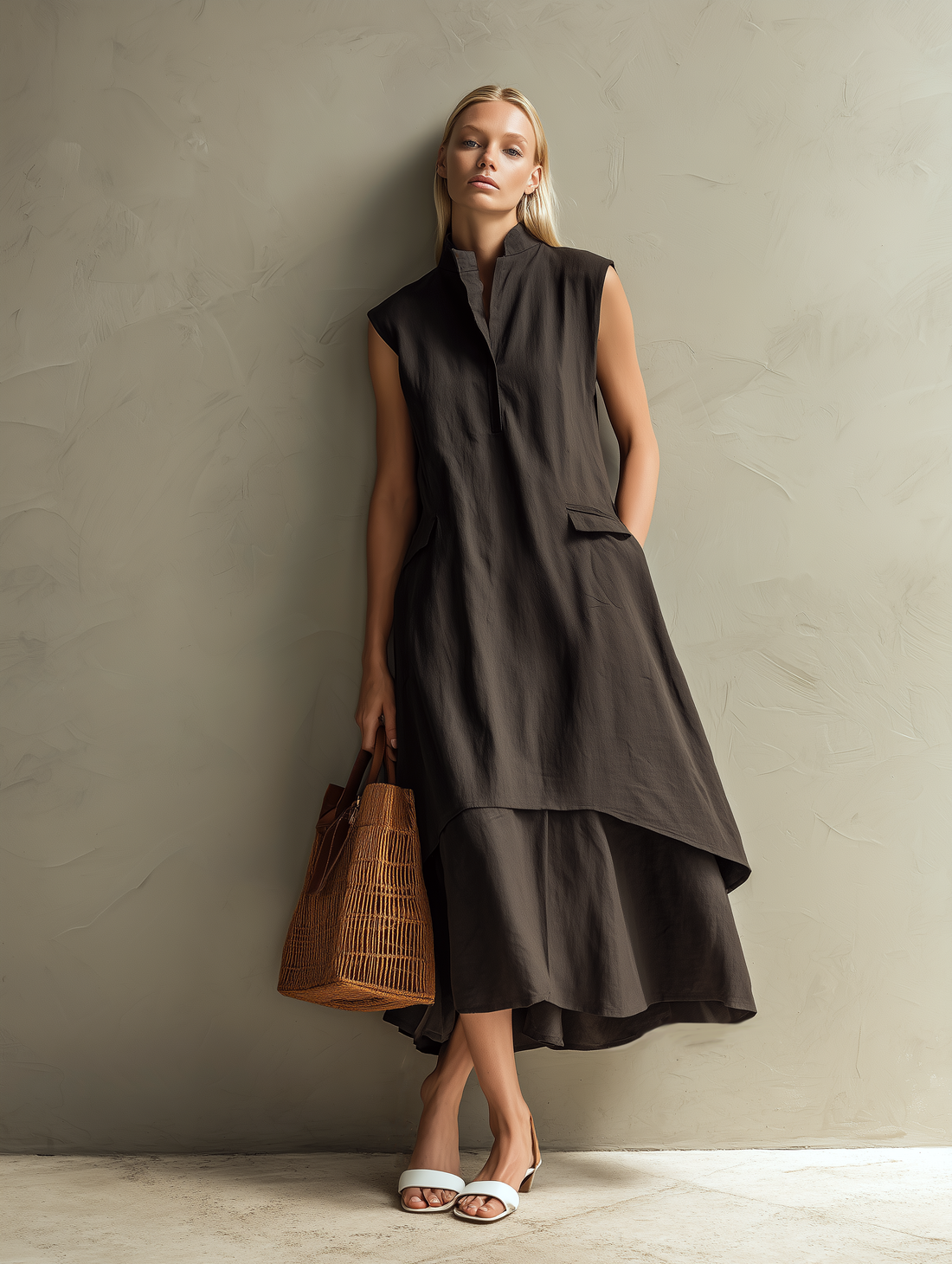 Women's Casual Dark Brown Cotton-Linen Sleeveless Stand-Collar Maxi Dress MDZ0924E1LXY