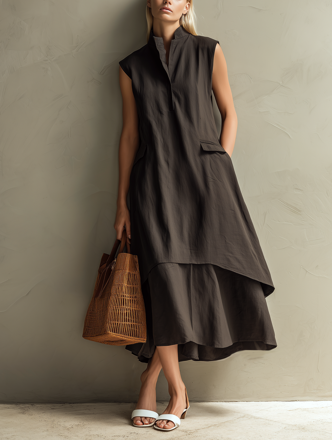 Women's Casual Dark Brown Cotton-Linen Sleeveless Stand-Collar Maxi Dress MDZ0924E1LXY