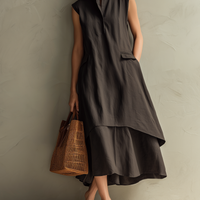 Women's Casual Dark Brown Cotton-Linen Sleeveless Stand-Collar Maxi Dress MDZ0924E1LXY