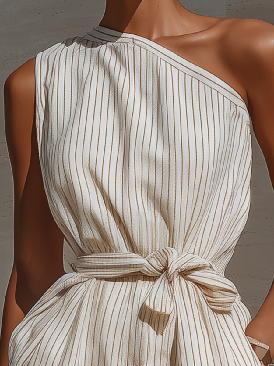 Women’s Beige & White Striped One-Shoulder Cotton Blend Romper With Tie Waist MDZ0936E6T