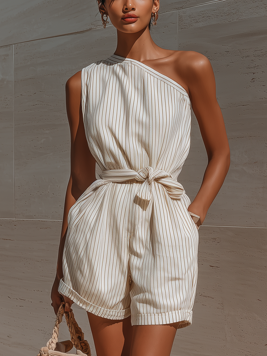 Women’s Beige & White Striped One-Shoulder Cotton Blend Romper With Tie Waist MDZ0936E6T
