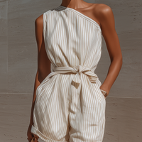 Women’s Beige & White Striped One-Shoulder Cotton Blend Romper With Tie Waist MDZ0936E6T