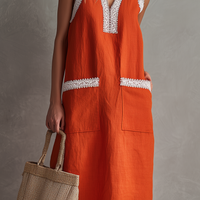 Women's Casual Orange Cotton-Linen Maxi Dress — V-Neck, Lace Trim, Sleeveless MDZ0902E6LXY