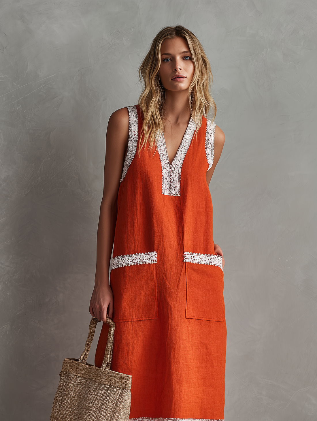 Women's Casual Orange Cotton-Linen Maxi Dress — V-Neck, Lace Trim, Sleeveless MDZ0902E6LXY