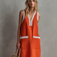 Women's Casual Orange Cotton-Linen Maxi Dress — V-Neck, Lace Trim, Sleeveless MDZ0902E6LXY