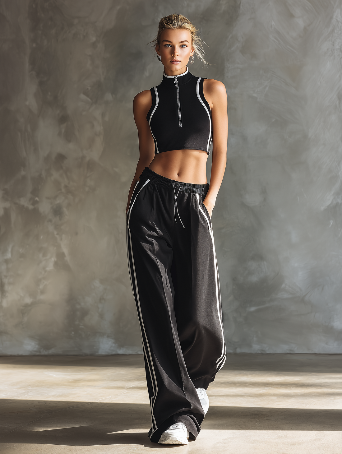 Women's Casual Black Stretch Knit Sleeveless Top With Zip Collar And Trousers MDZ0960E5LXY