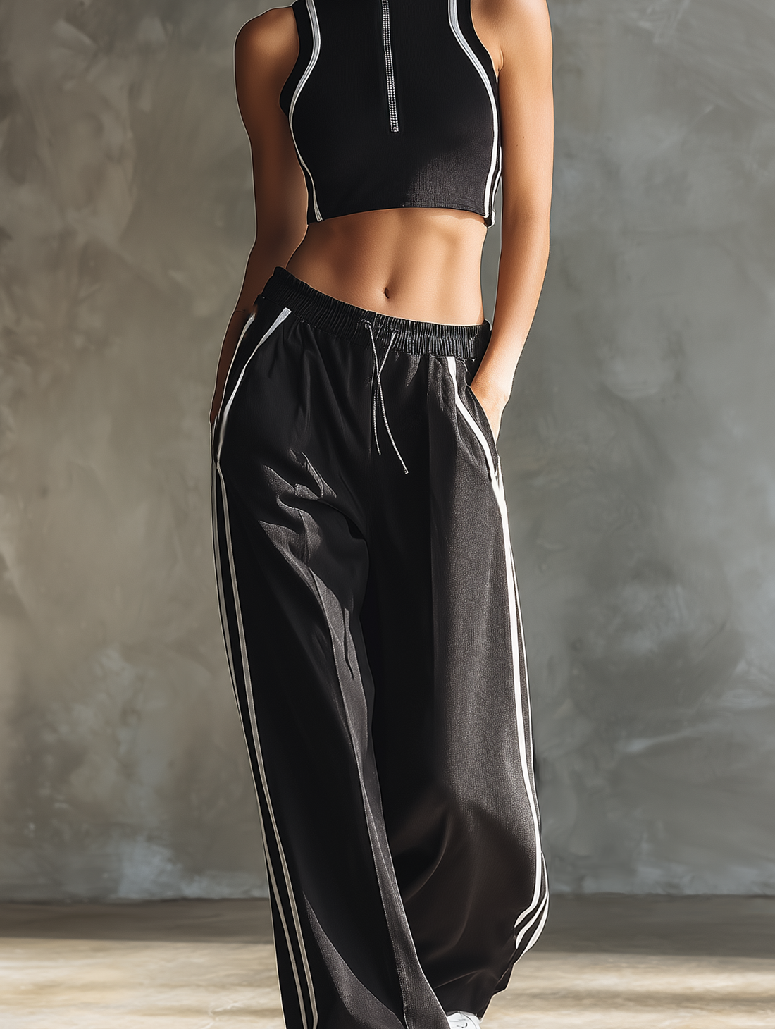 Women's Casual Black Stretch Knit Sleeveless Top With Zip Collar And Trousers MDZ0960E5LXY