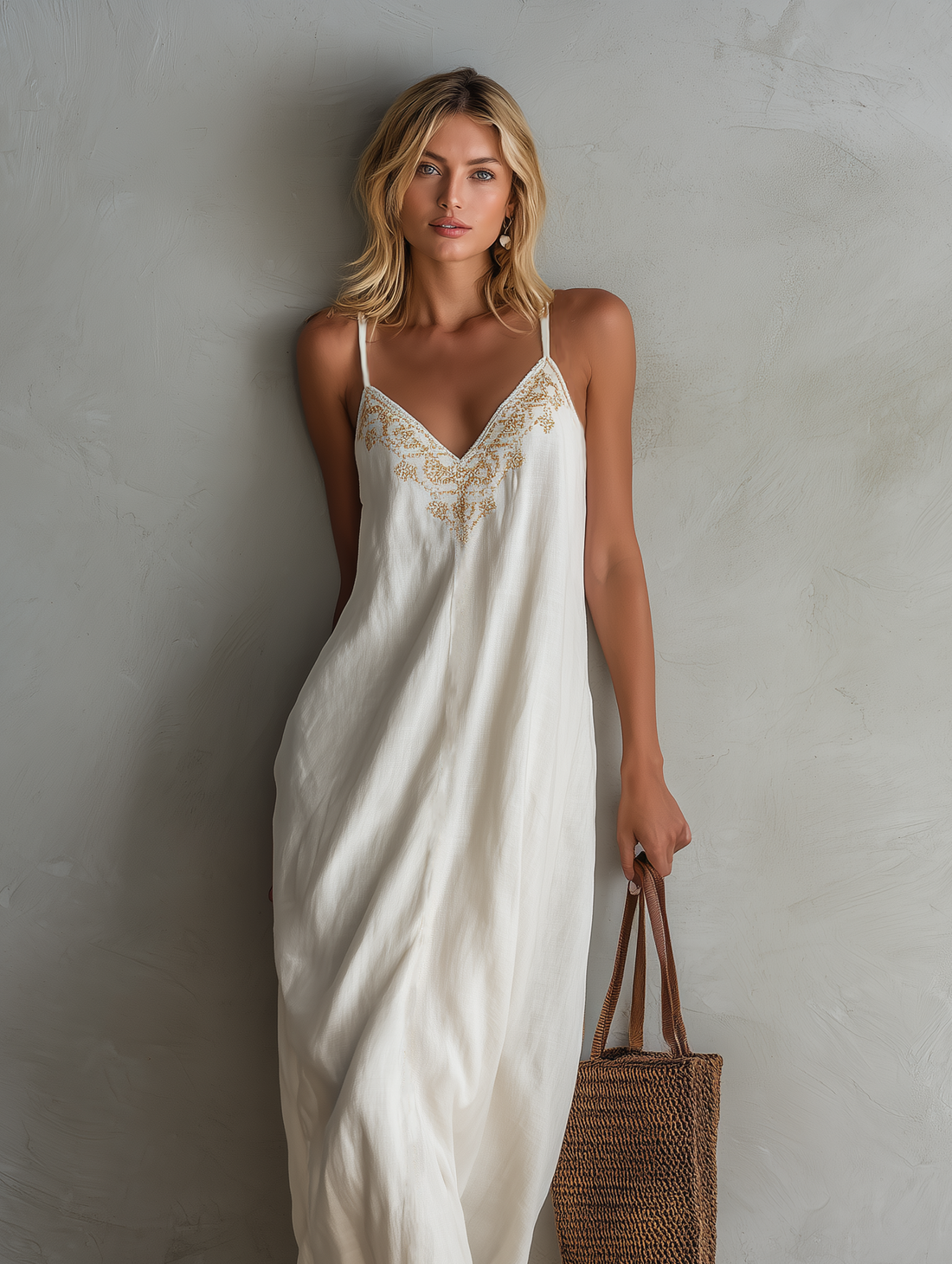 Women's Casual White Cotton-Linen Maxi Dress — Embroidered V-Neck, Sleeveless, Spaghetti Straps MDZ0932E6LXY