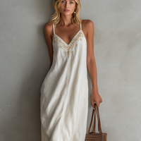 Women's Casual White Cotton-Linen Maxi Dress — Embroidered V-Neck, Sleeveless, Spaghetti Straps MDZ0932E6LXY