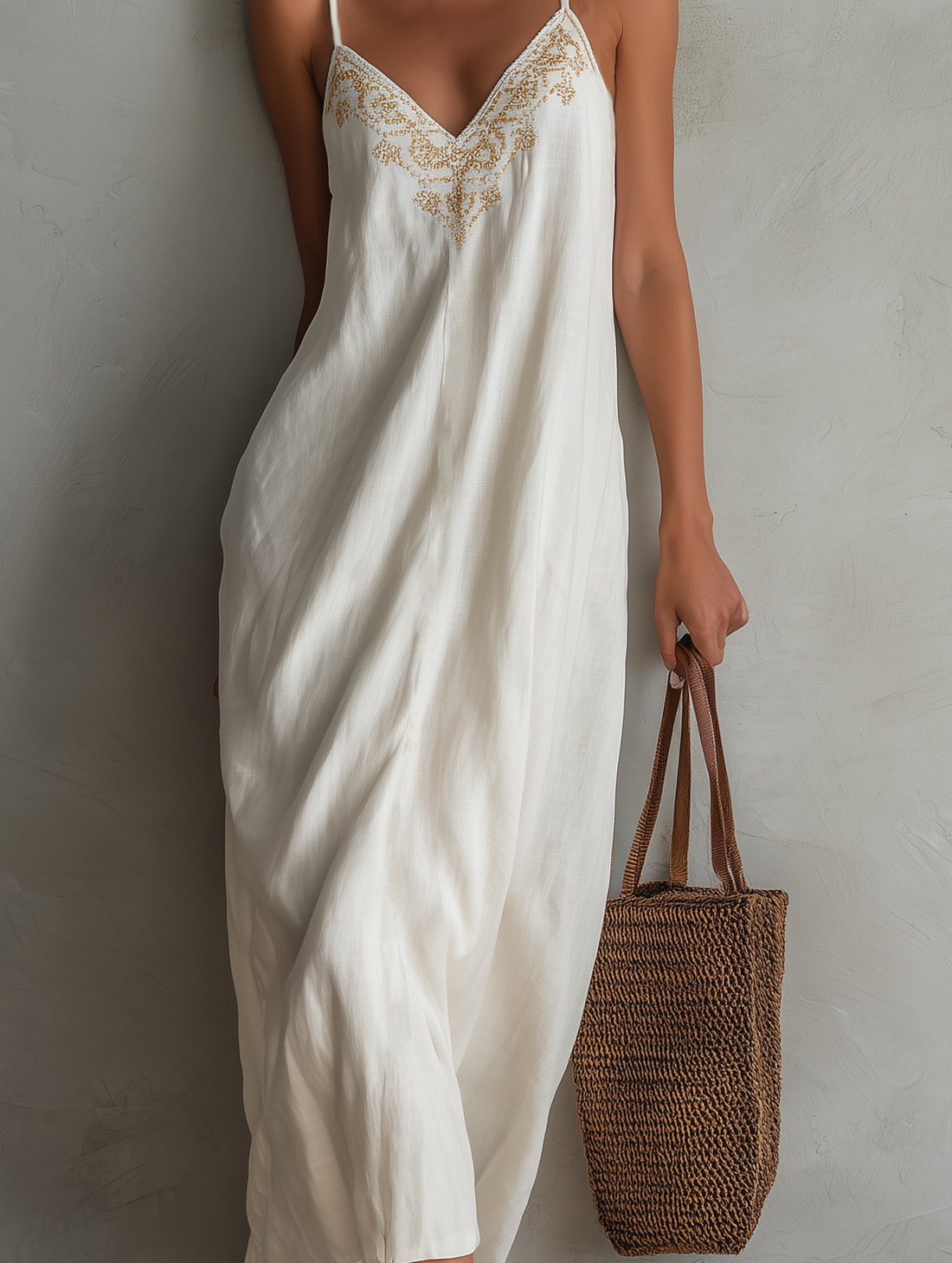 Women's Casual White Cotton-Linen Maxi Dress — Embroidered V-Neck, Sleeveless, Spaghetti Straps MDZ0932E6LXY