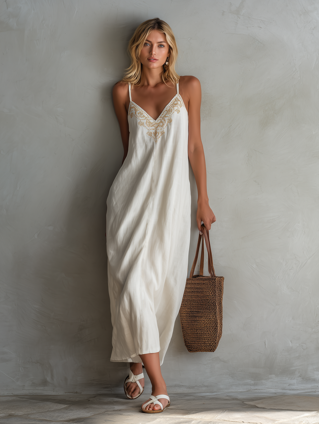 Women's Casual White Cotton-Linen Maxi Dress — Embroidered V-Neck, Sleeveless, Spaghetti Straps MDZ0932E6LXY
