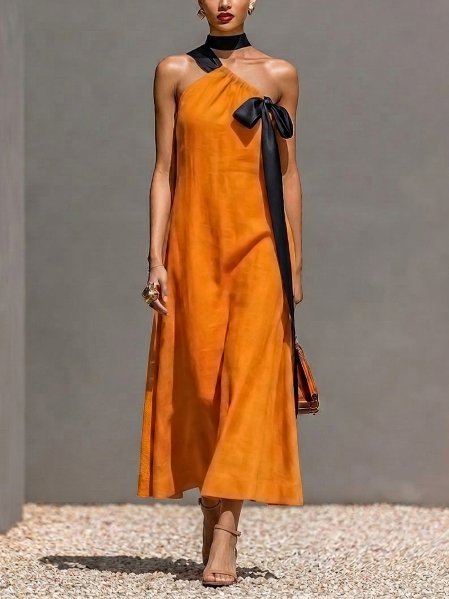 Women’s Orange Linen-Blend One-Shoulder Midi Dress With Black Satin Bow (Without Choker) MDZ0933E9T