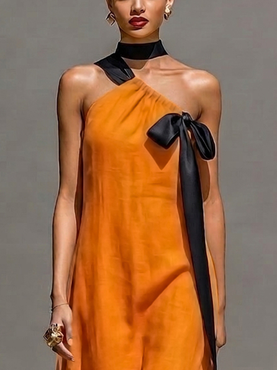 Women’s Orange Linen-Blend One-Shoulder Midi Dress With Black Satin Bow (Without Choker) MDZ0933E9T