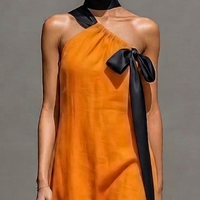 Women’s Orange Linen-Blend One-Shoulder Midi Dress With Black Satin Bow (Without Choker) MDZ0933E9T