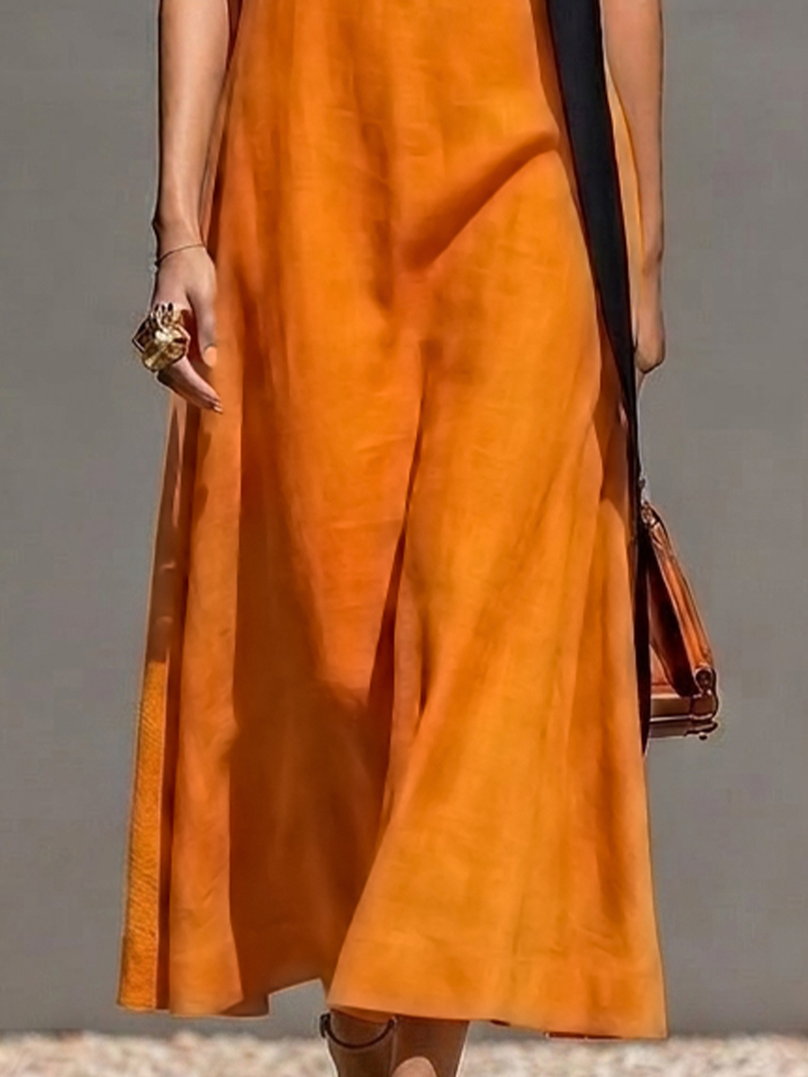 Women’s Orange Linen-Blend One-Shoulder Midi Dress With Black Satin Bow (Without Choker) MDZ0933E9T