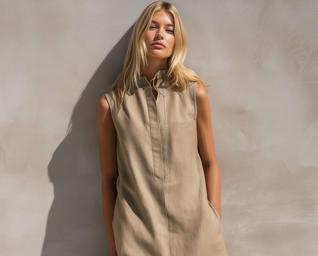 Women's Casual Khaki Cotton-Linen Sleeveless Midi Dress MDZ0986E3LXY