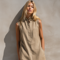 Women's Casual Khaki Cotton-Linen Sleeveless Midi Dress MDZ0986E3LXY