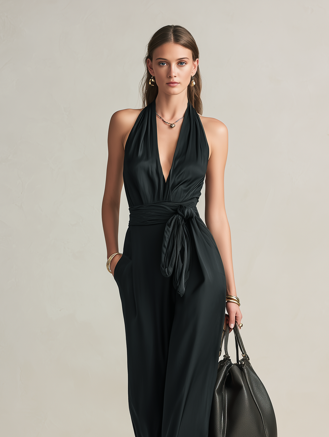 Women's Casual Black Satin V-Neck Sleeveless Jumpsuit MDZ0926E2LXY