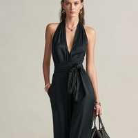 Women's Casual Black Satin V-Neck Sleeveless Jumpsuit MDZ0926E2LXY