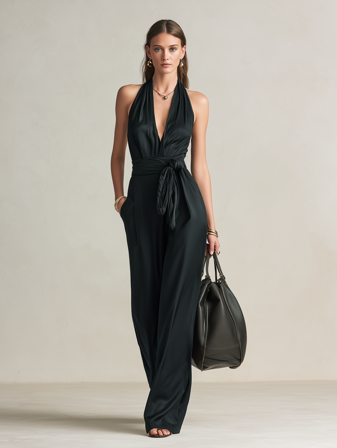 Women's Casual Black Satin V-Neck Sleeveless Jumpsuit MDZ0926E2LXY