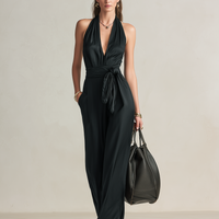 Women's Casual Black Satin V-Neck Sleeveless Jumpsuit MDZ0926E2LXY