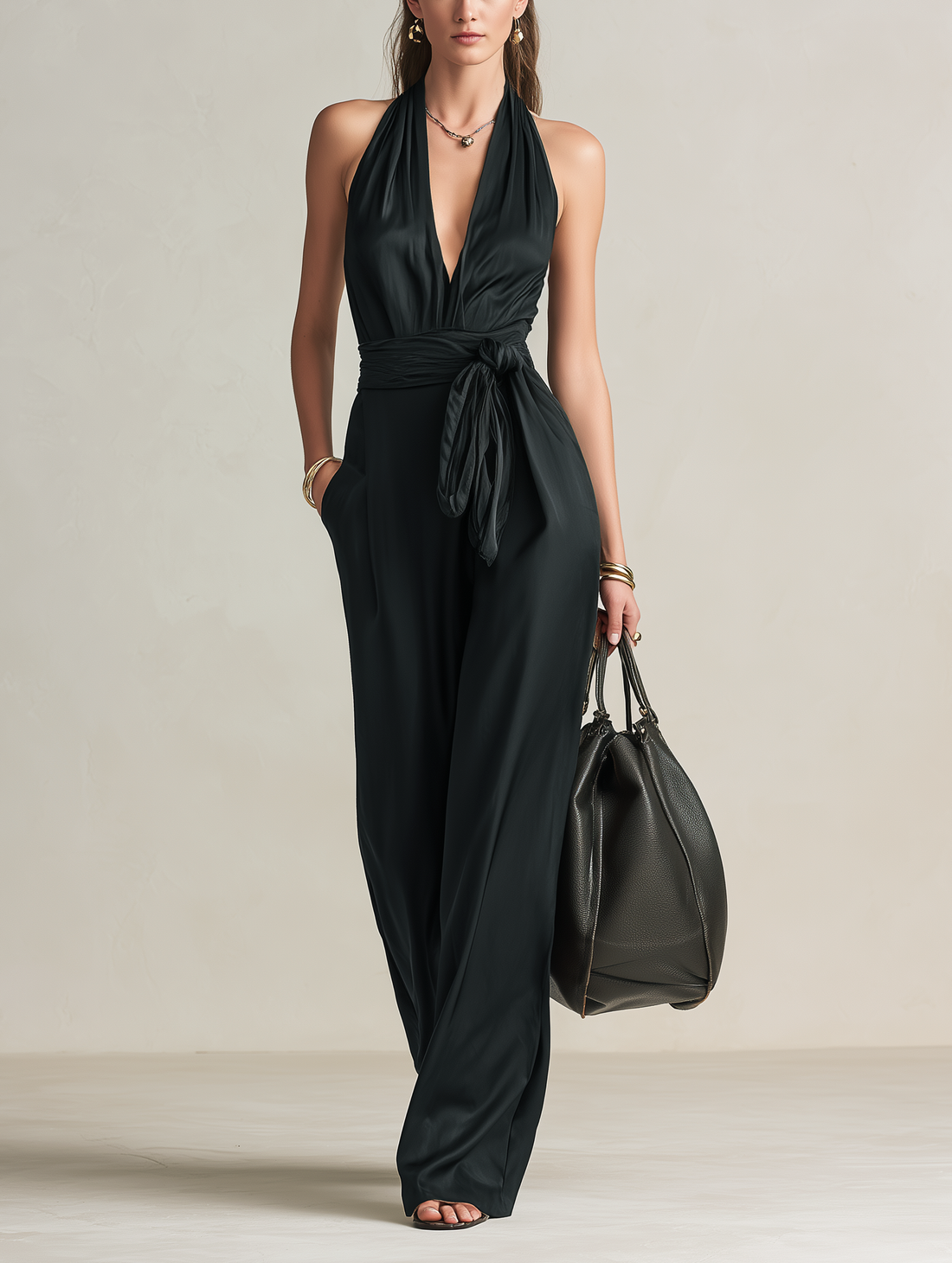 Women's Casual Black Satin V-Neck Sleeveless Jumpsuit MDZ0926E2LXY