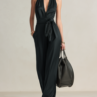 Women's Casual Black Satin V-Neck Sleeveless Jumpsuit MDZ0926E2LXY