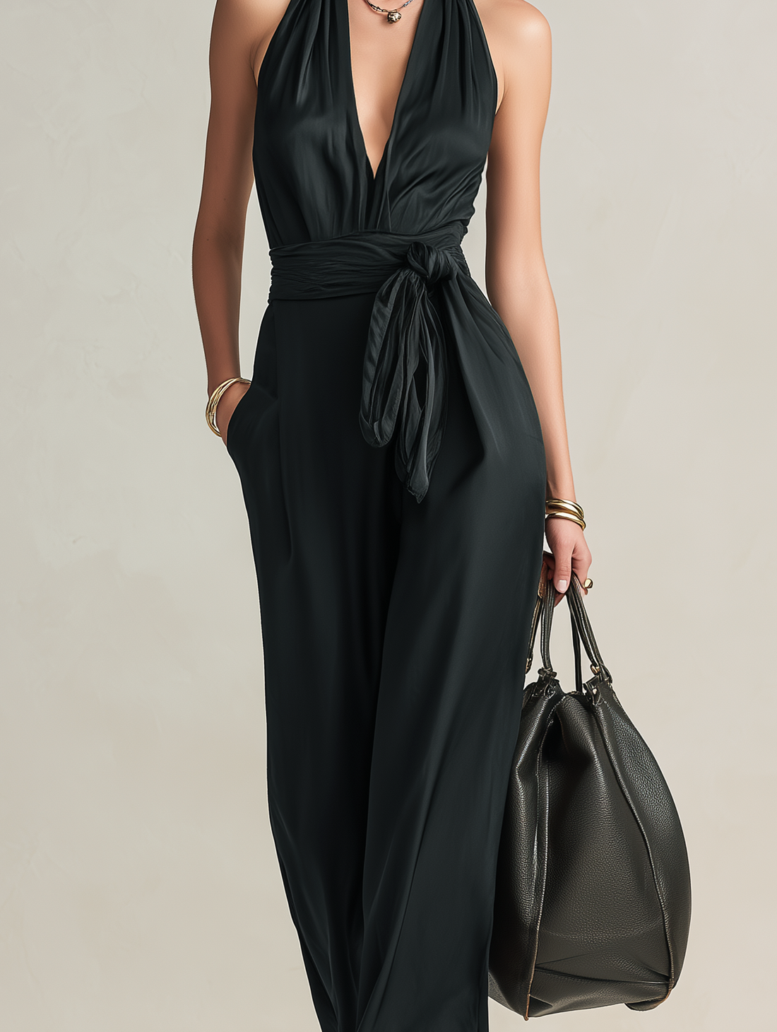 Women's Casual Black Satin V-Neck Sleeveless Jumpsuit MDZ0926E2LXY