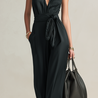 Women's Casual Black Satin V-Neck Sleeveless Jumpsuit MDZ0926E2LXY