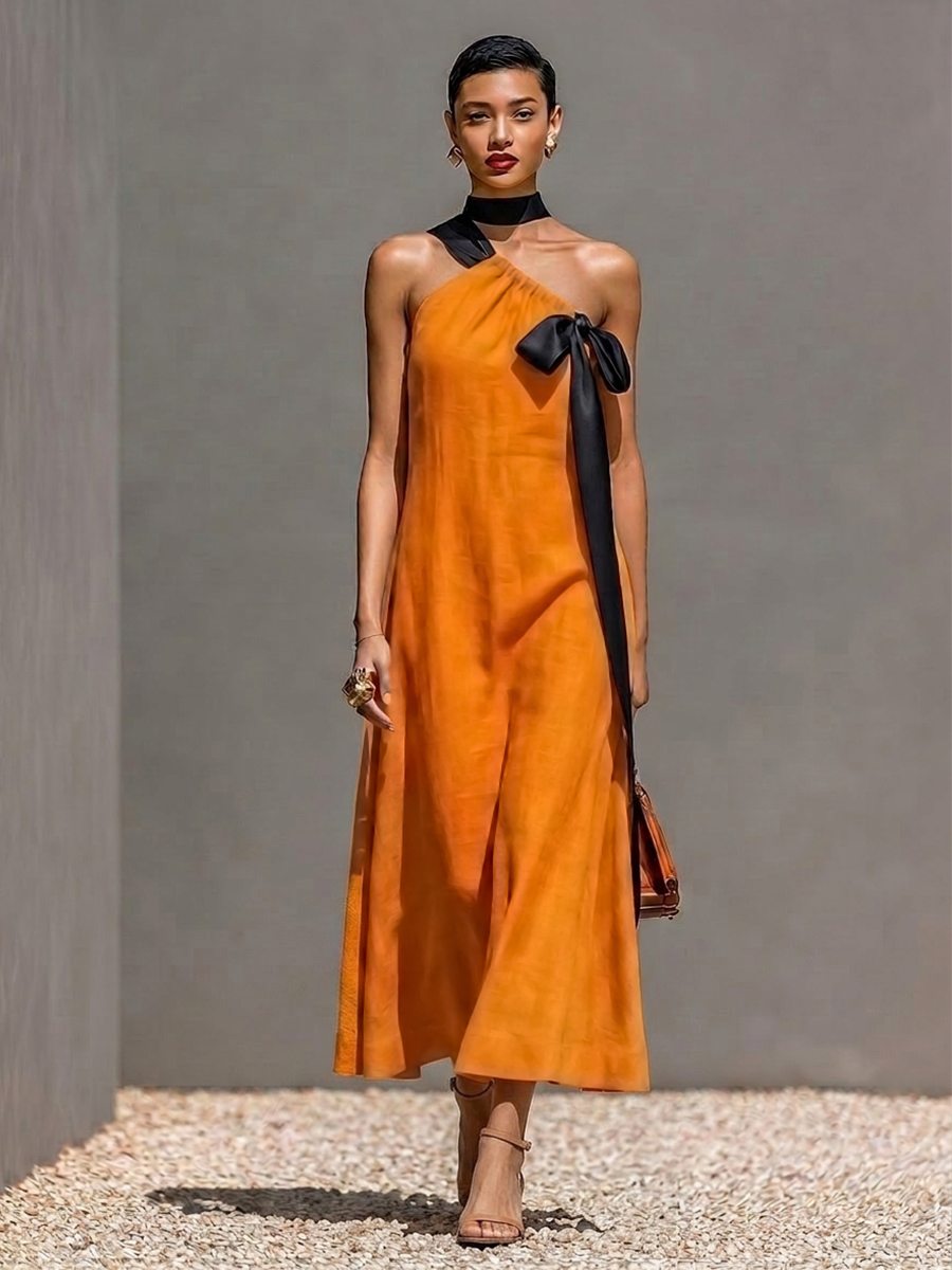 Women’s Orange Linen-Blend One-Shoulder Midi Dress With Black Satin Bow (Without Choker) MDZ0933E9T