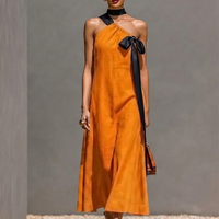 Women’s Orange Linen-Blend One-Shoulder Midi Dress With Black Satin Bow (Without Choker) MDZ0933E9T