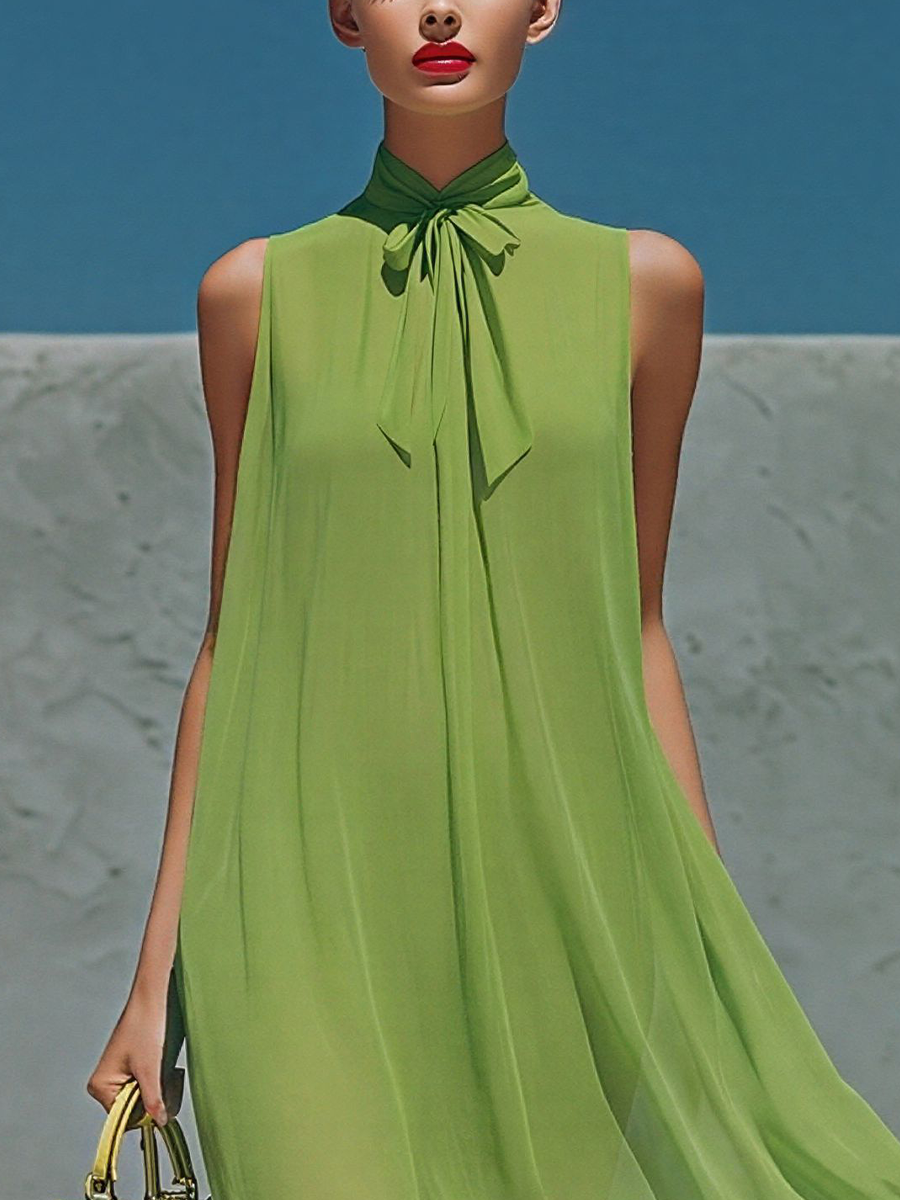 Women’s Lime Green Sleeveless Chiffon Midi Dress With Neck Tie Detail MDZ0914E0T