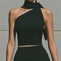 Women’s Black One-Shoulder Scarf-Neck Crop Top & Ruched Bodycon Midi Skirt Two-Piece Set MDZ0916E8T