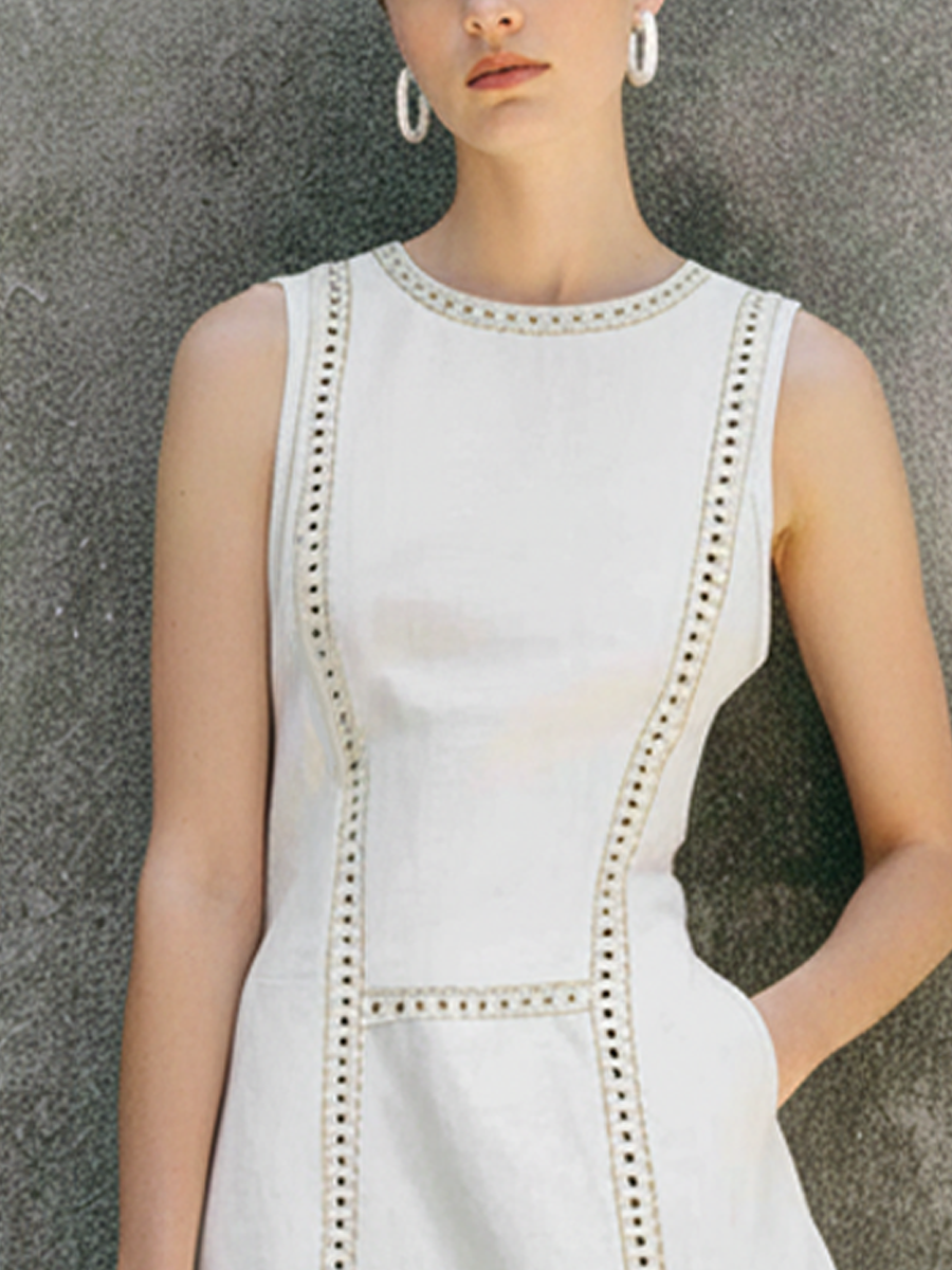 Women's Minimalist Off-White Cotton Linen Lace Fitted Fishtail Sleeveless Long Dress MDZ0993E4GMJ