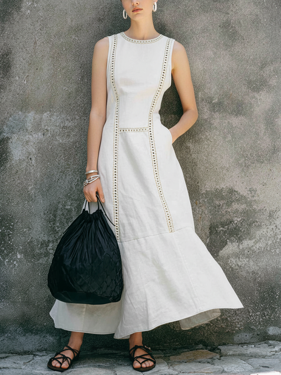 Women's Minimalist Off-White Cotton Linen Lace Fitted Fishtail Sleeveless Long Dress MDZ0993E4GMJ