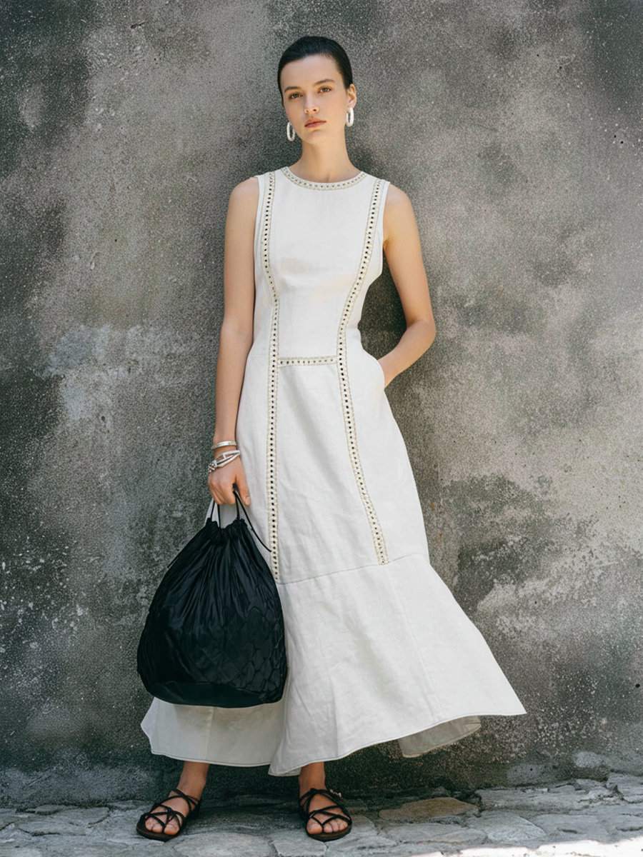 Women's Minimalist Off-White Cotton Linen Lace Fitted Fishtail Sleeveless Long Dress MDZ0993E4GMJ