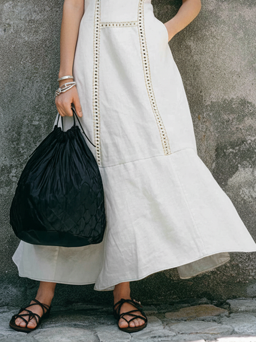 Women's Minimalist Off-White Cotton Linen Lace Fitted Fishtail Sleeveless Long Dress MDZ0993E4GMJ