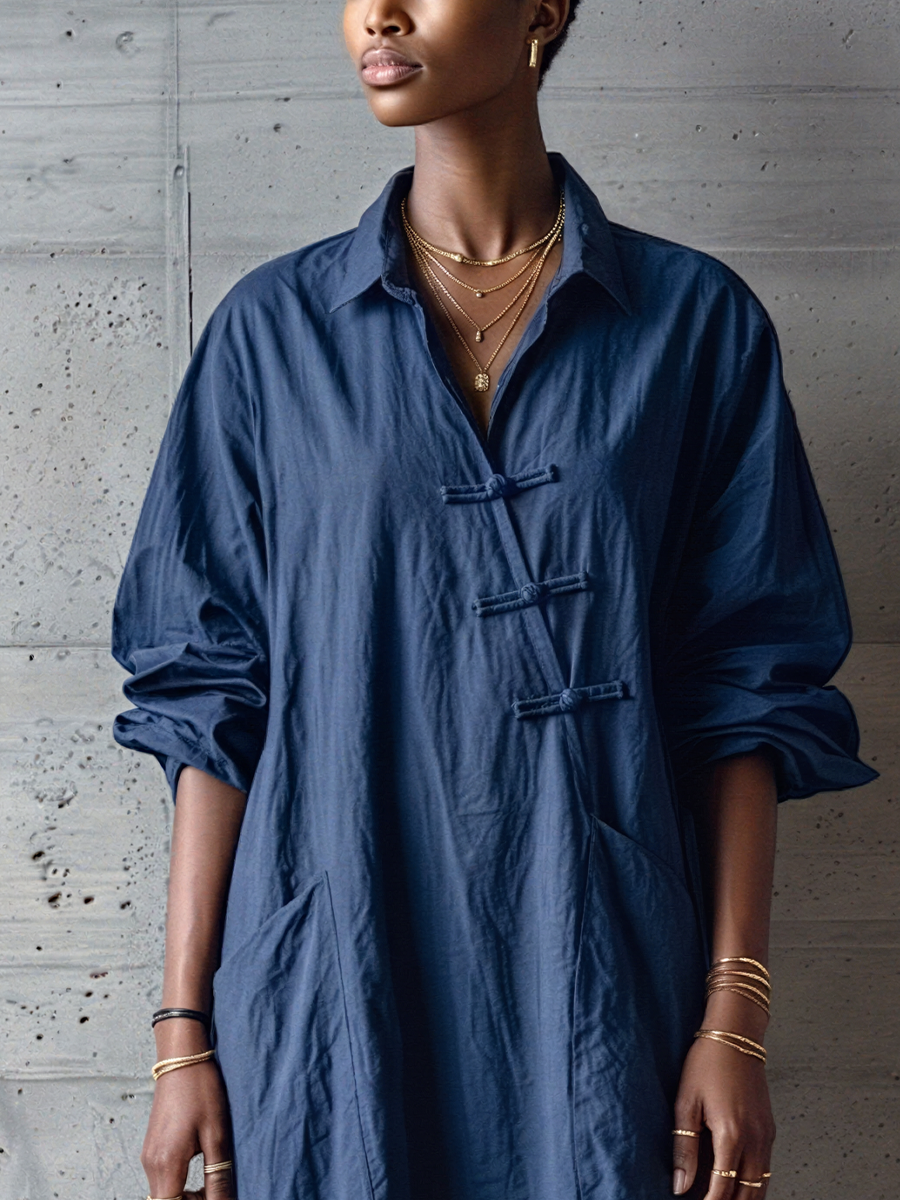 Women's Minimalist Navy Blue Cotton Linen Button-Down Collar Loose Long Shirt Dress MDZ0967E2GMJ