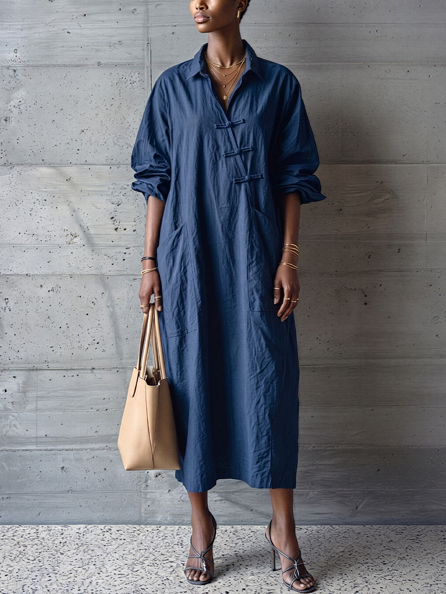 Women's Minimalist Navy Blue Cotton Linen Button-Down Collar Loose Long Shirt Dress MDZ0967E2GMJ