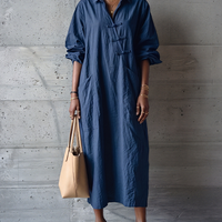 Women's Minimalist Navy Blue Cotton Linen Button-Down Collar Loose Long Shirt Dress MDZ0967E2GMJ