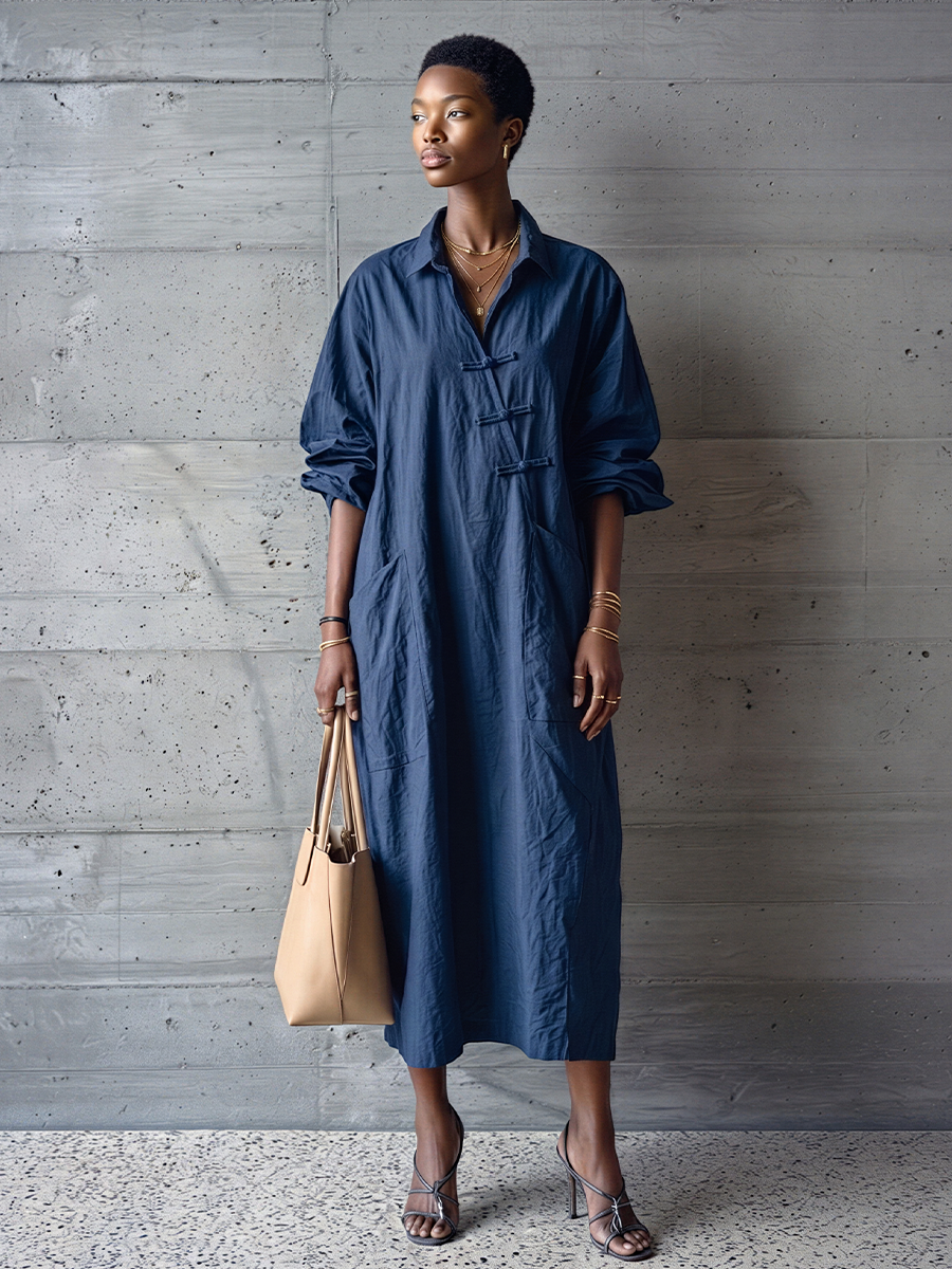 Women's Minimalist Navy Blue Cotton Linen Button-Down Collar Loose Long Shirt Dress MDZ0967E2GMJ