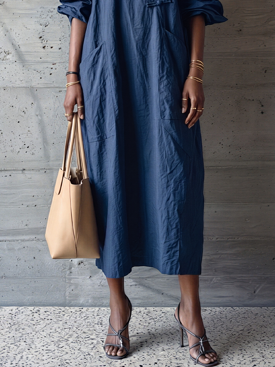 Women's Minimalist Navy Blue Cotton Linen Button-Down Collar Loose Long Shirt Dress MDZ0967E2GMJ