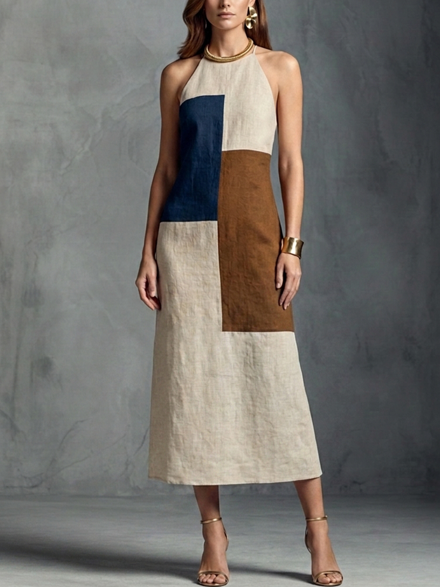 Women's Retro Style Beige、Blue And Brown Color-Blocked Cotton Linen Geometric Patchwork Long Dress MDZ0960E8GMJ