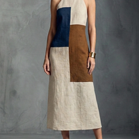 Women's Retro Style Beige、Blue And Brown Color-Blocked Cotton Linen Geometric Patchwork Long Dress MDZ0960E8GMJ