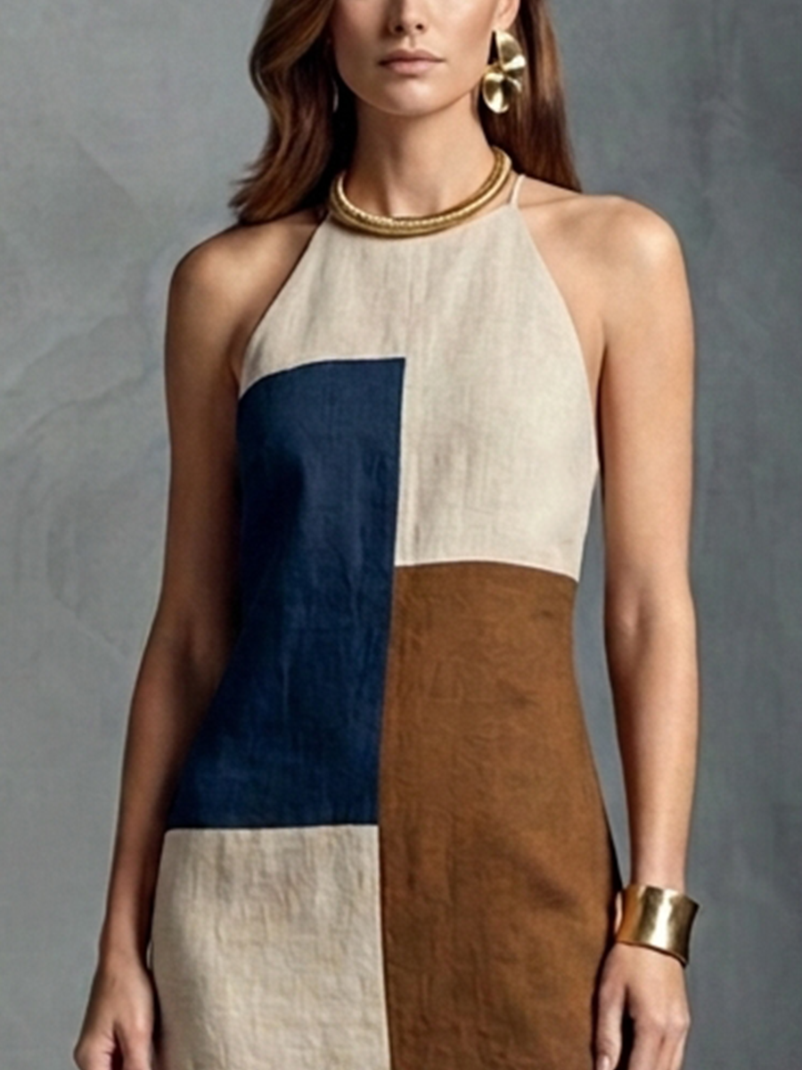 Women's Retro Style Beige、Blue And Brown Color-Blocked Cotton Linen Geometric Patchwork Long Dress MDZ0960E8GMJ