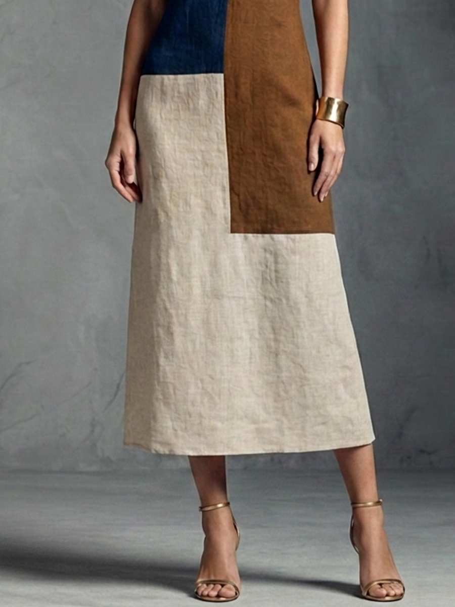 Women's Retro Style Beige、Blue And Brown Color-Blocked Cotton Linen Geometric Patchwork Long Dress MDZ0960E8GMJ