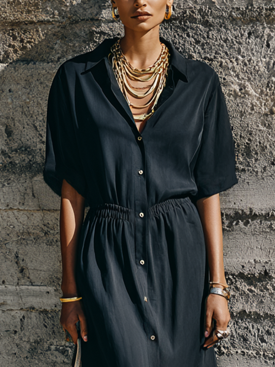 Women's Commuter Style Black Matte Satin Elastic Waist Collar Slit Long Shirt Dress MDZ0965E2GMJ