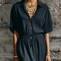 Women's Commuter Style Black Matte Satin Elastic Waist Collar Slit Long Shirt Dress MDZ0965E2GMJ