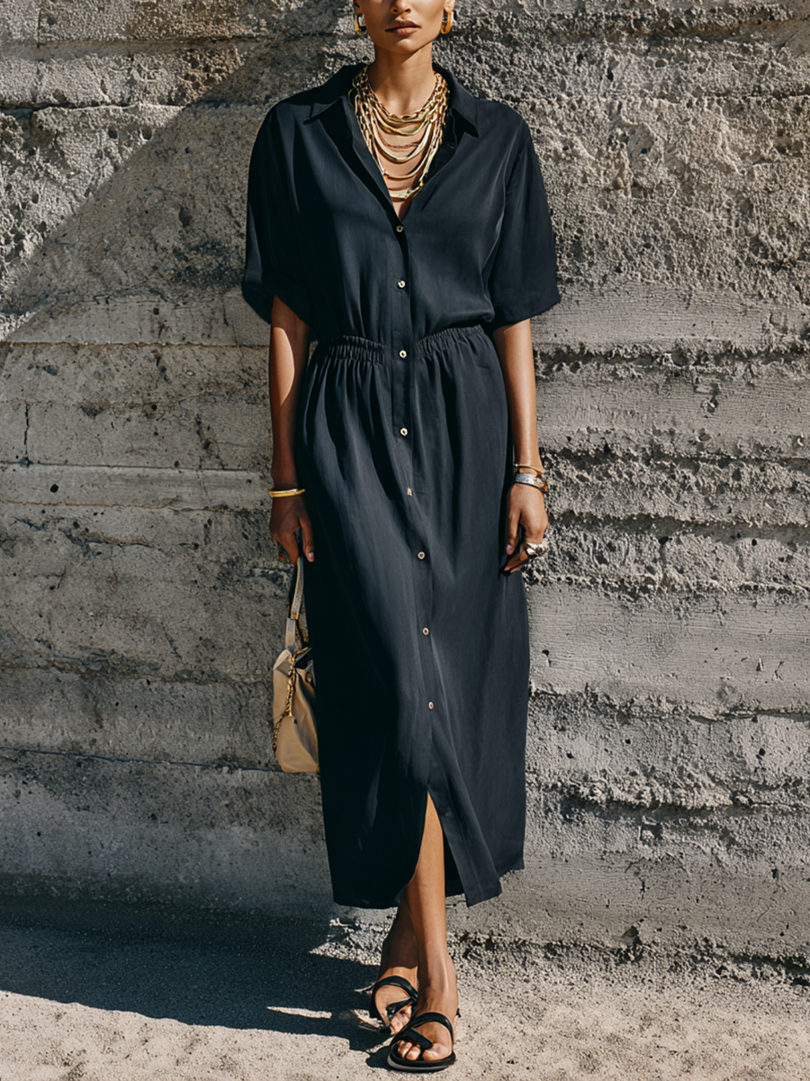 Women's Commuter Style Black Matte Satin Elastic Waist Collar Slit Long Shirt Dress MDZ0965E2GMJ