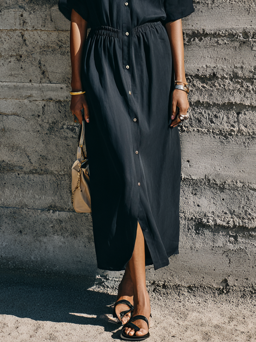 Women's Commuter Style Black Matte Satin Elastic Waist Collar Slit Long Shirt Dress MDZ0965E2GMJ